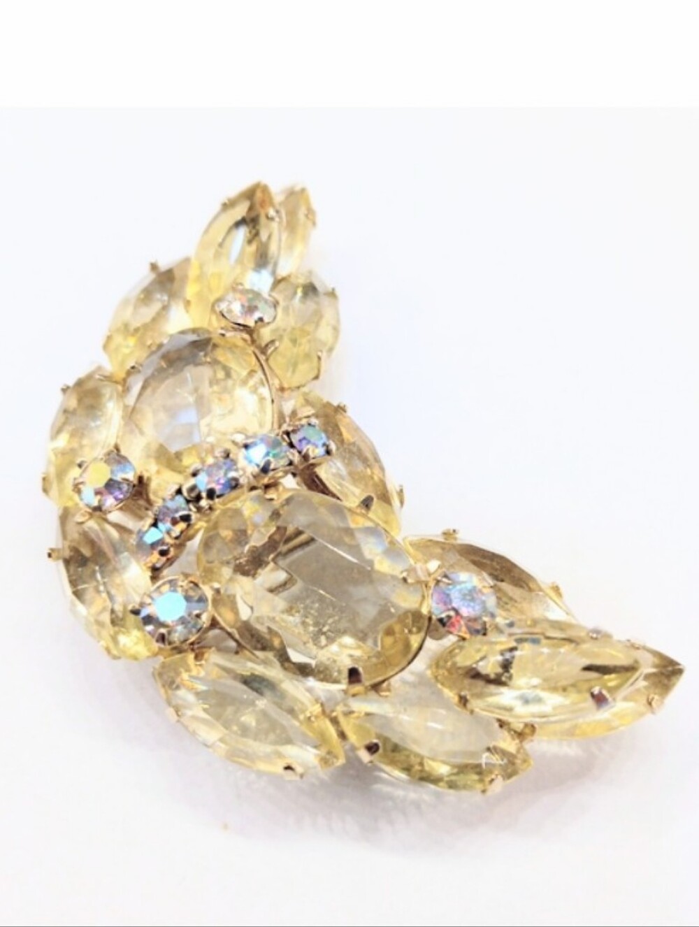 Vintage Crescent Yellow Rhinestone Brooch